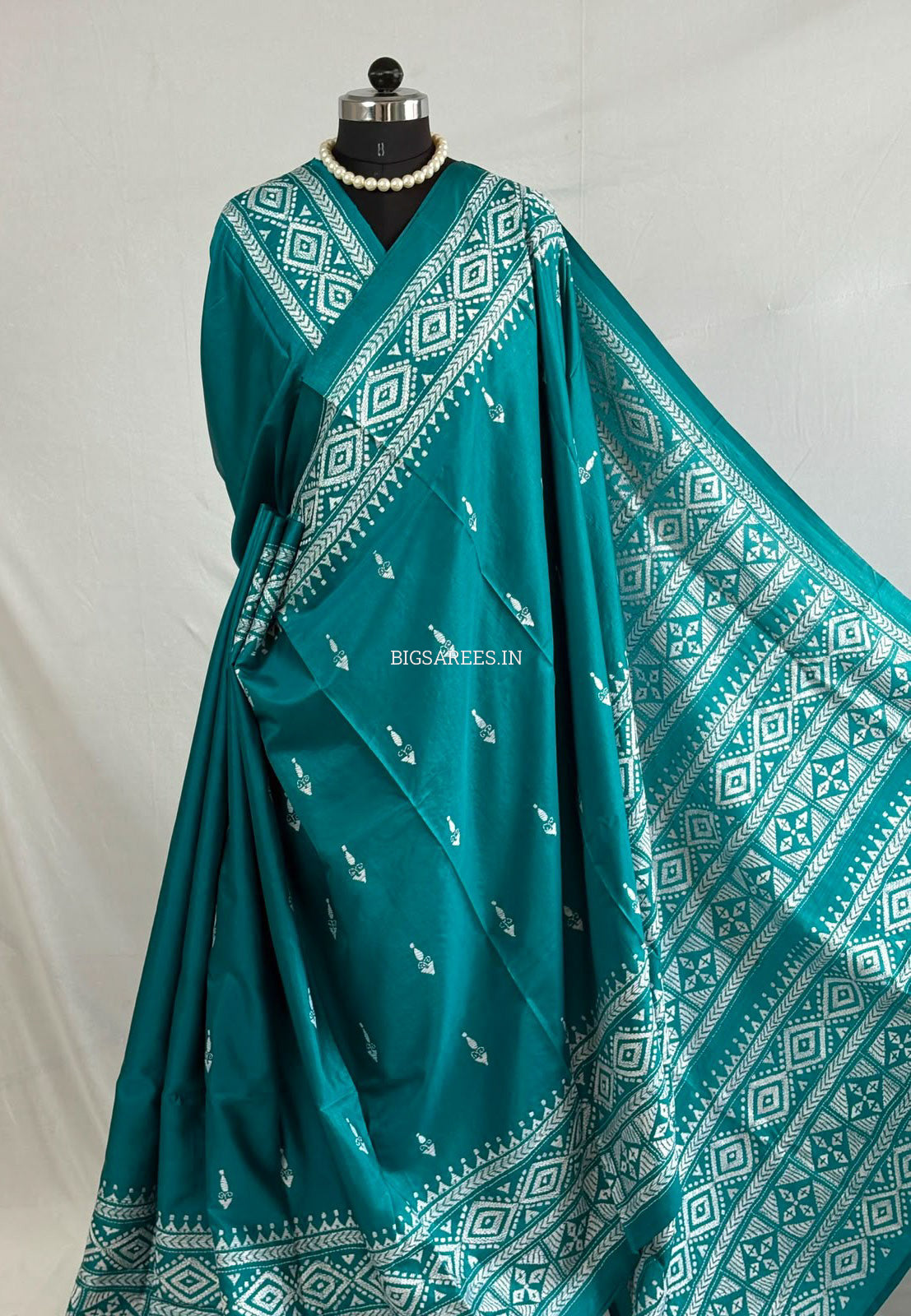 Kantha Stitch Hand Embroidered Saree | Blended Bangalore Silk / Art Silk | Turquoise