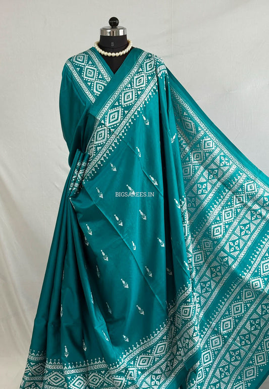 Kantha Stitch Hand Embroidered Saree | Blended Bangalore Silk / Art Silk | Turquoise