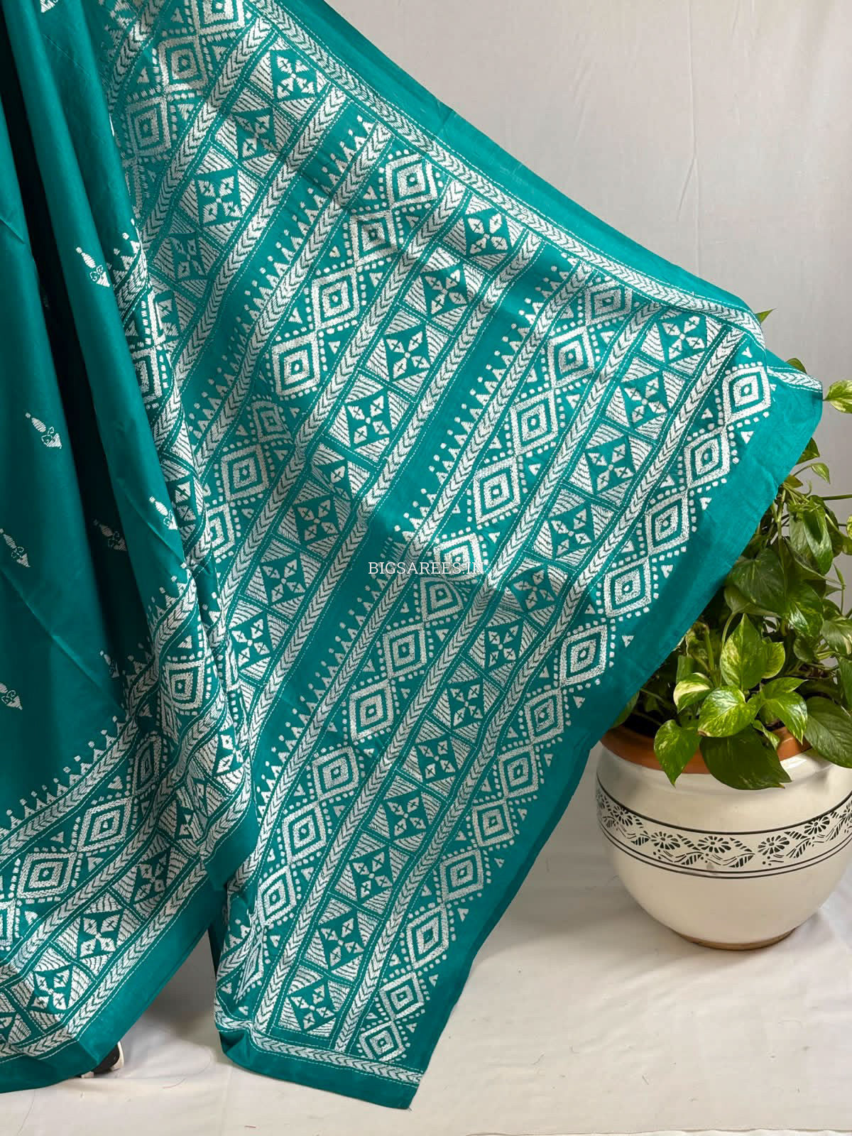 Kantha Stitch Hand Embroidered Saree | Blended Bangalore Silk / Art Silk | Turquoise