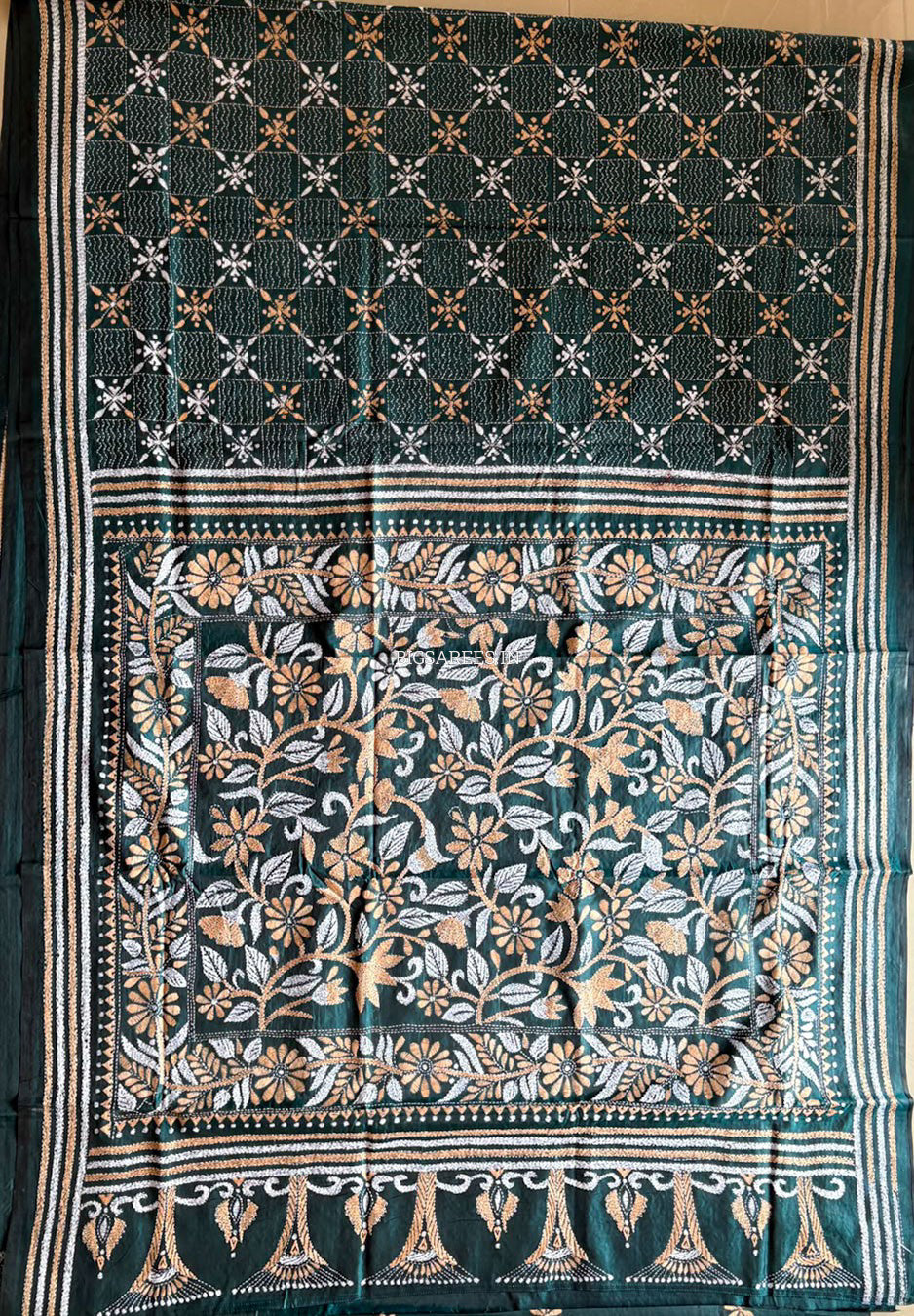Kantha Stitch Hand Embroidered Saree | Blended Bangalore Silk / Art Silk | Rama Green