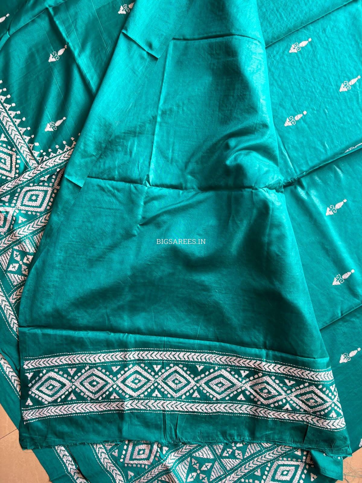 Kantha Stitch Hand Embroidered Saree | Blended Bangalore Silk / Art Silk | Turquoise