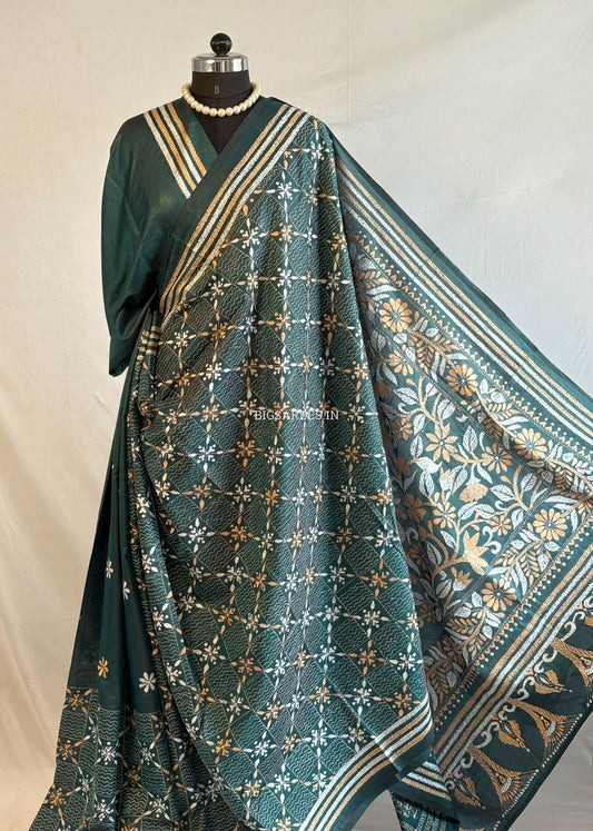 Kantha Stitch Hand Embroidered Saree | Blended Bangalore Silk / Art Silk | Rama Green