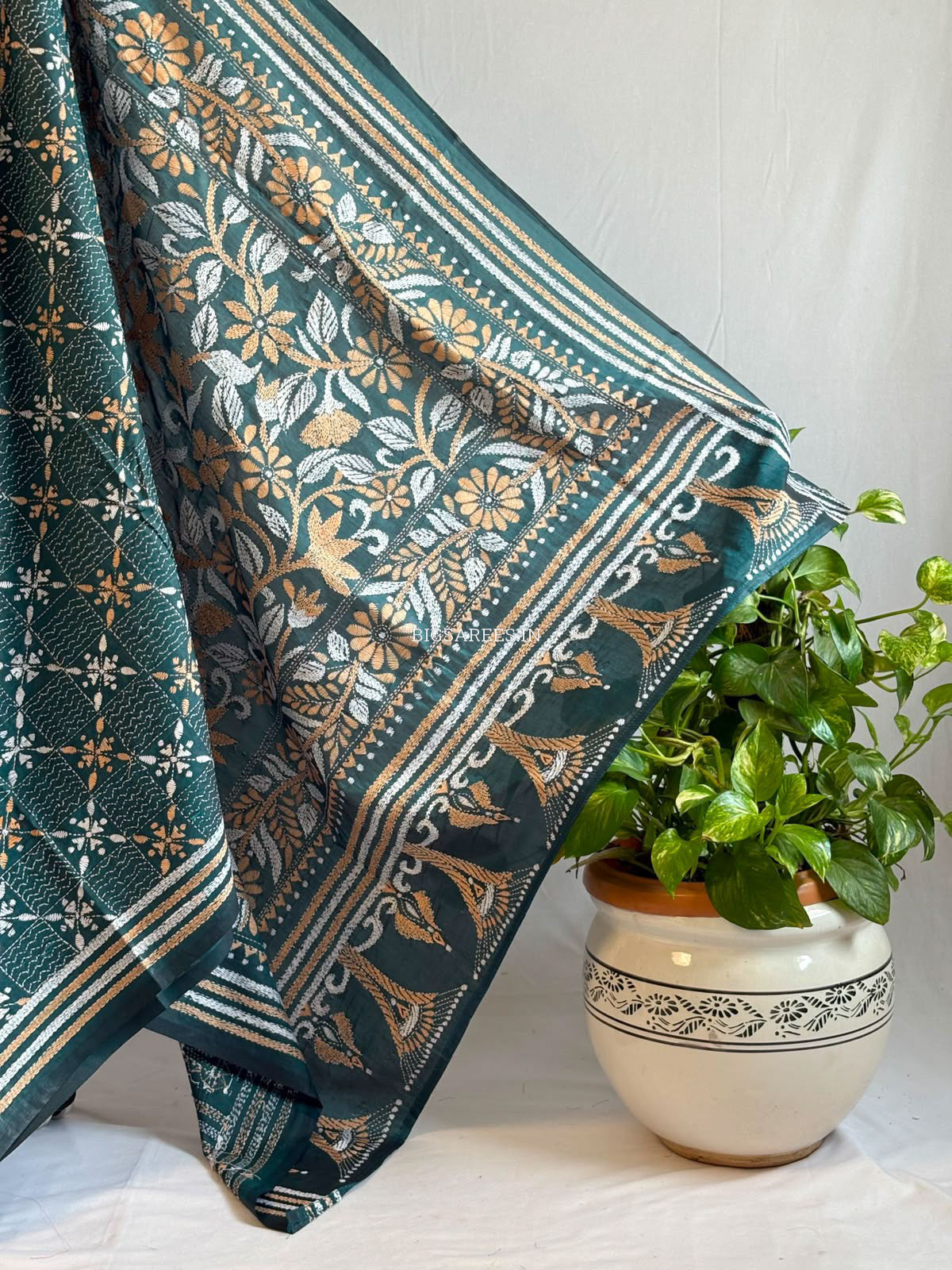 Kantha Stitch Hand Embroidered Saree | Blended Bangalore Silk / Art Silk | Rama Green