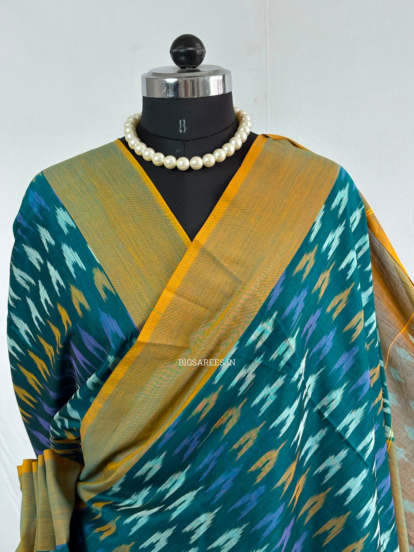 Ikat Saree with Blouse Piece | Mercerised Cotton | Teal Green