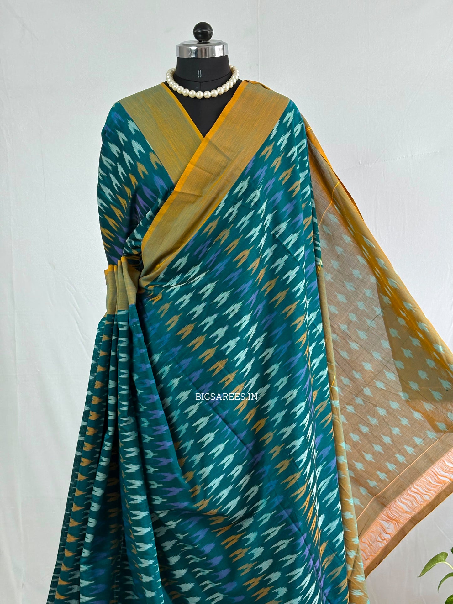 Ikat Saree with Blouse Piece | Mercerised Cotton | Teal Green