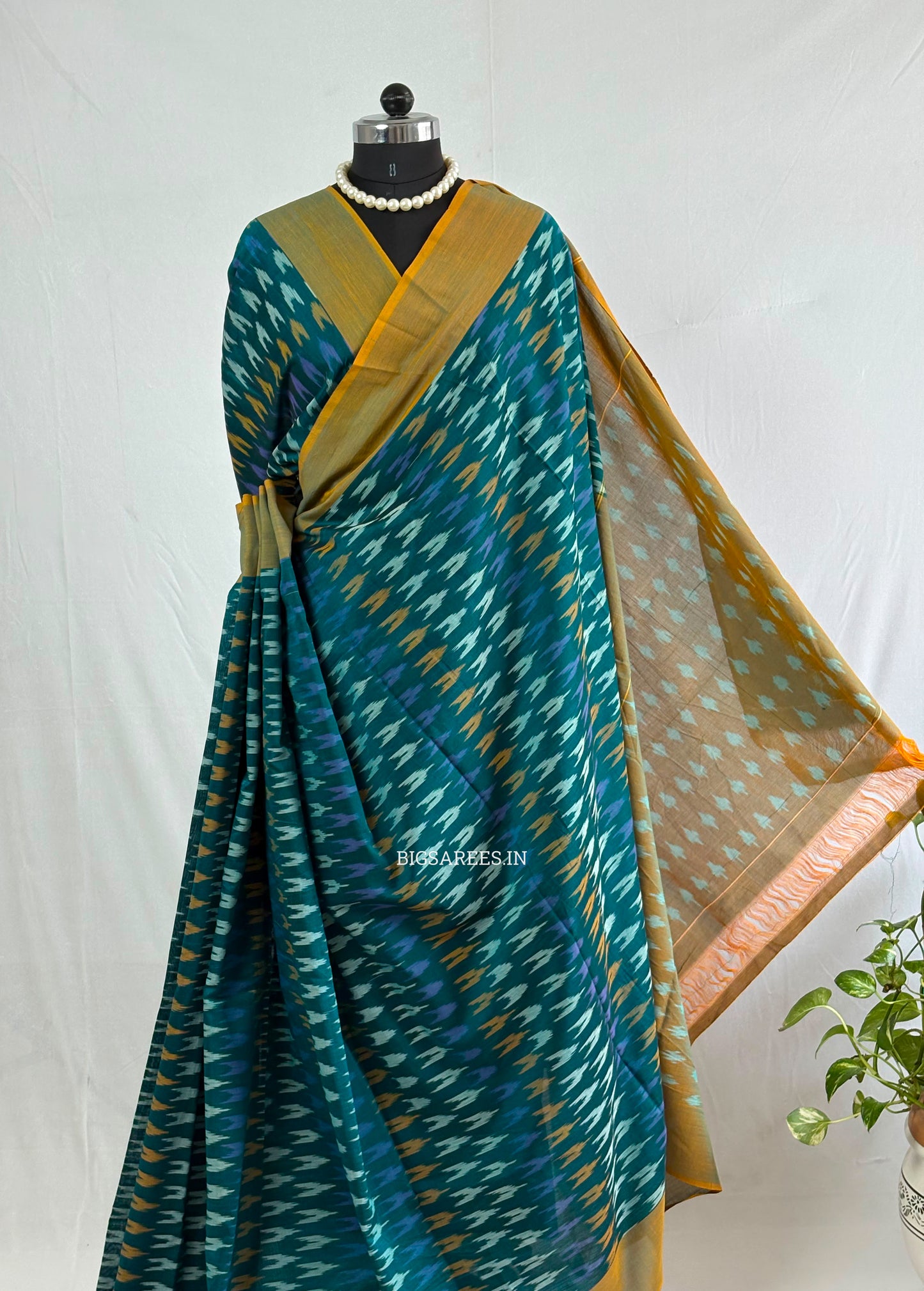 Ikat Saree with Blouse Piece | Mercerised Cotton | Teal Green