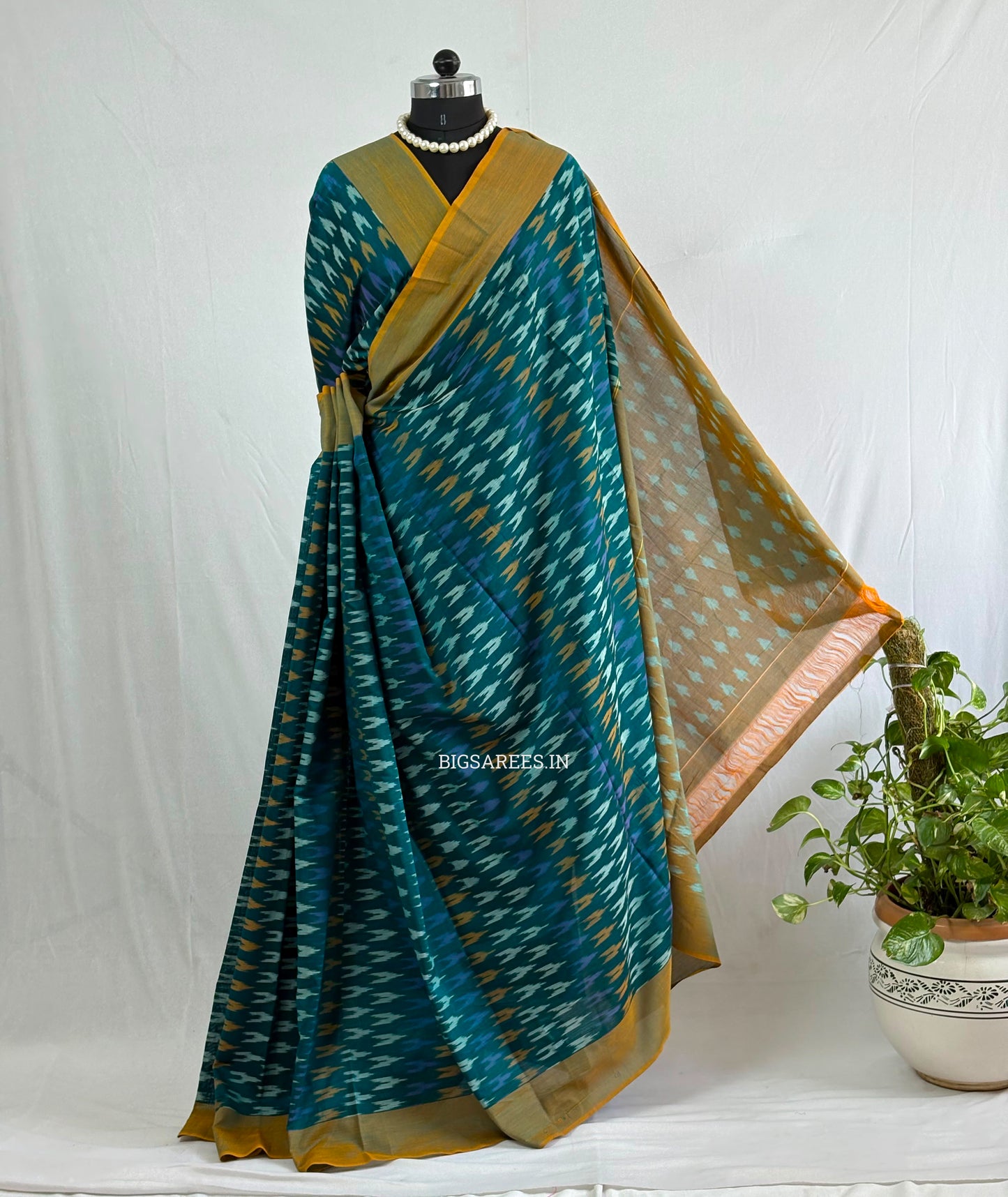 Ikat Saree with Blouse Piece | Mercerised Cotton | Teal Green