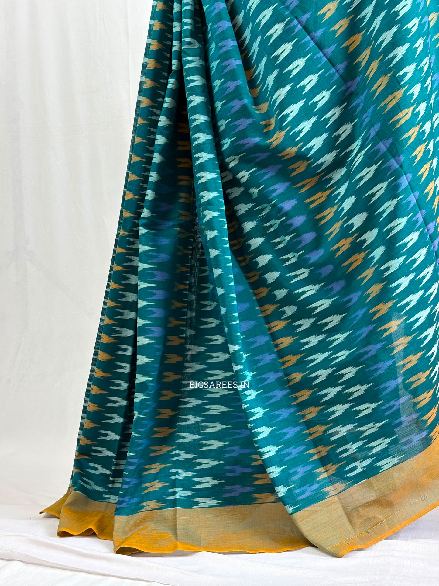 Ikat Saree with Blouse Piece | Mercerised Cotton | Teal Green