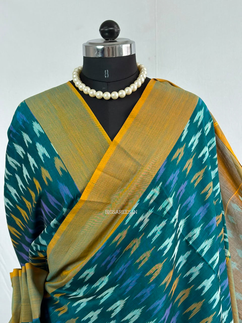 Ikat Saree with Blouse Piece | Mercerised Cotton | Teal Green