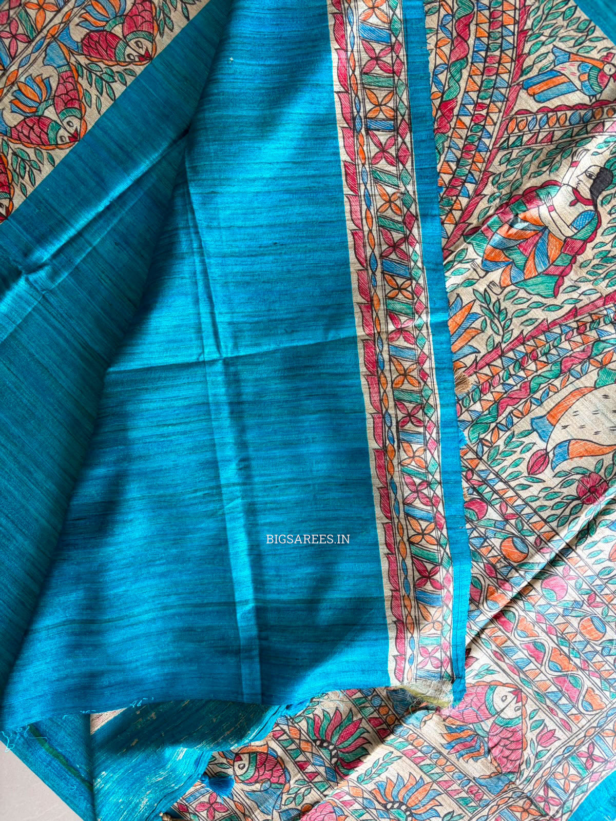 Handcrafted Madhubani Saree | Pure Tussar Ghicha Silk | Silk Mark Certified | Teal