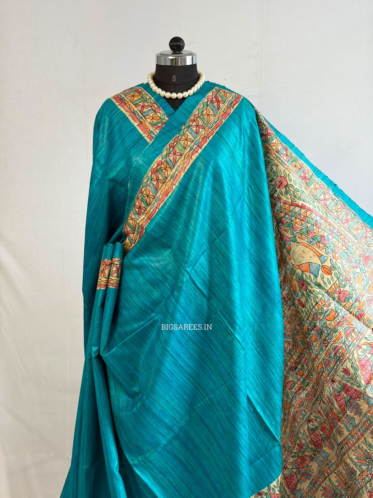 Handcrafted Madhubani Saree | Pure Tussar Ghicha Silk | Silk Mark Certified | Teal
