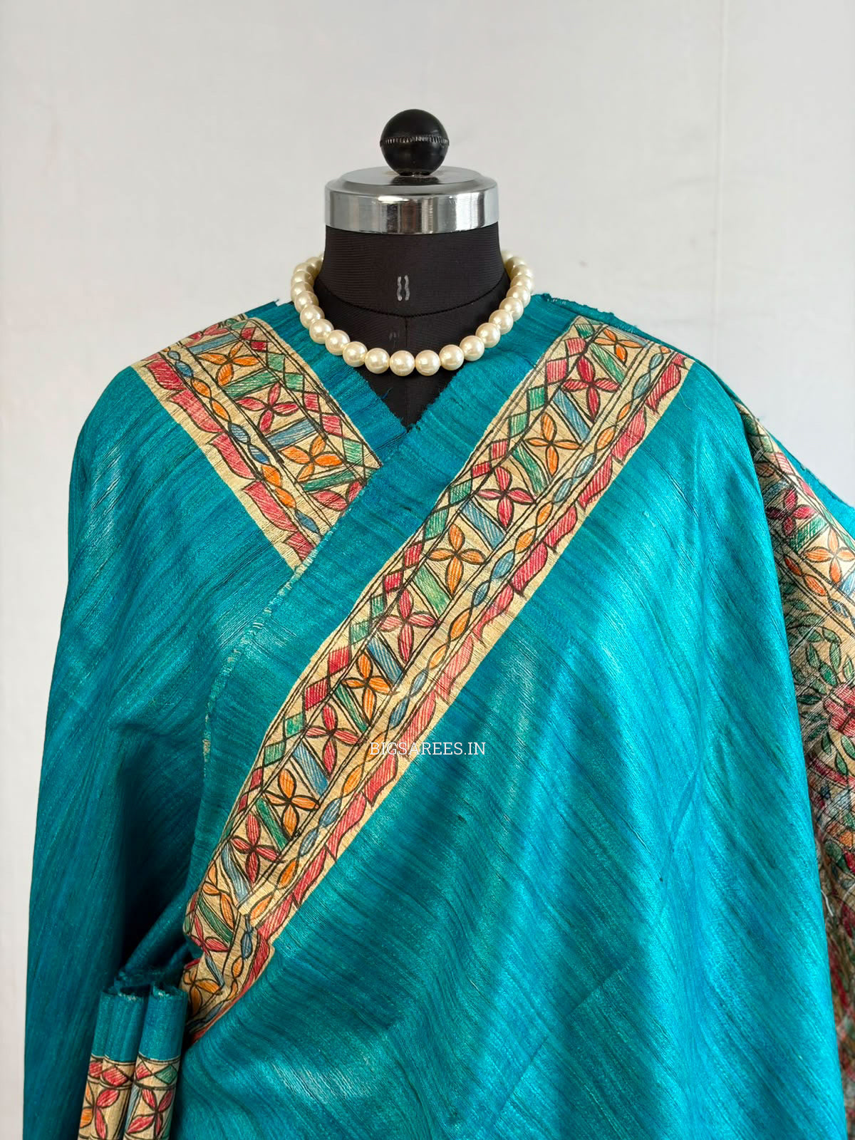 Handcrafted Madhubani Saree | Pure Tussar Ghicha Silk | Silk Mark Certified | Teal