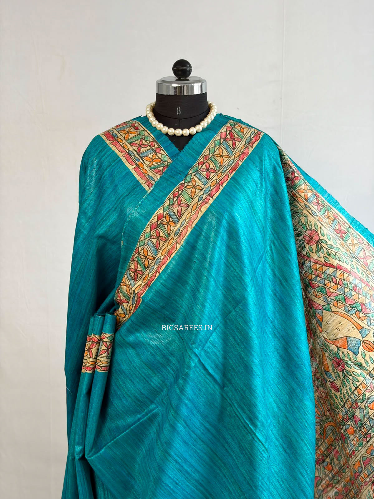 Handcrafted Madhubani Saree | Pure Tussar Ghicha Silk | Silk Mark Certified | Teal