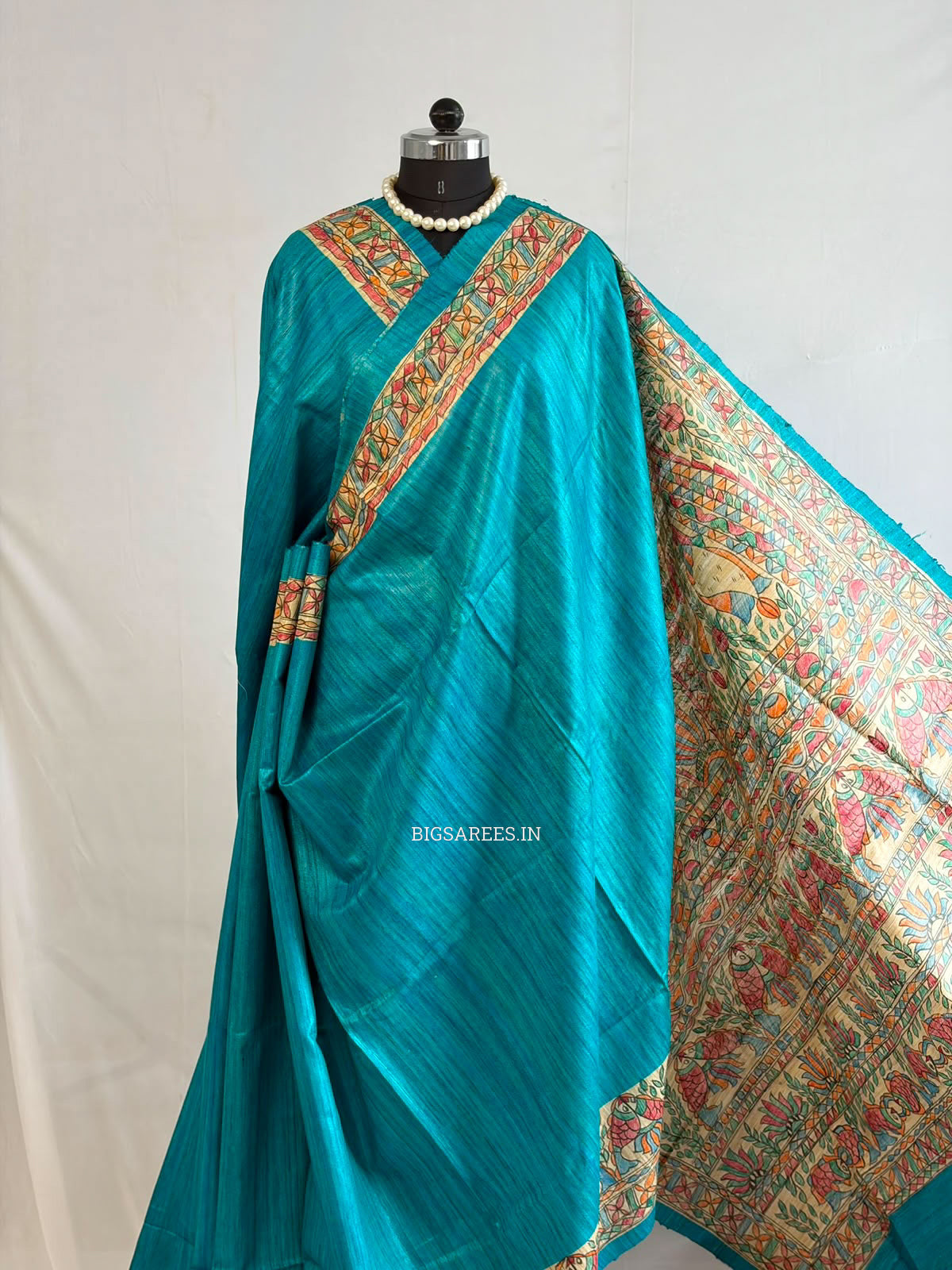 Handcrafted Madhubani Saree | Pure Tussar Ghicha Silk | Silk Mark Certified | Teal
