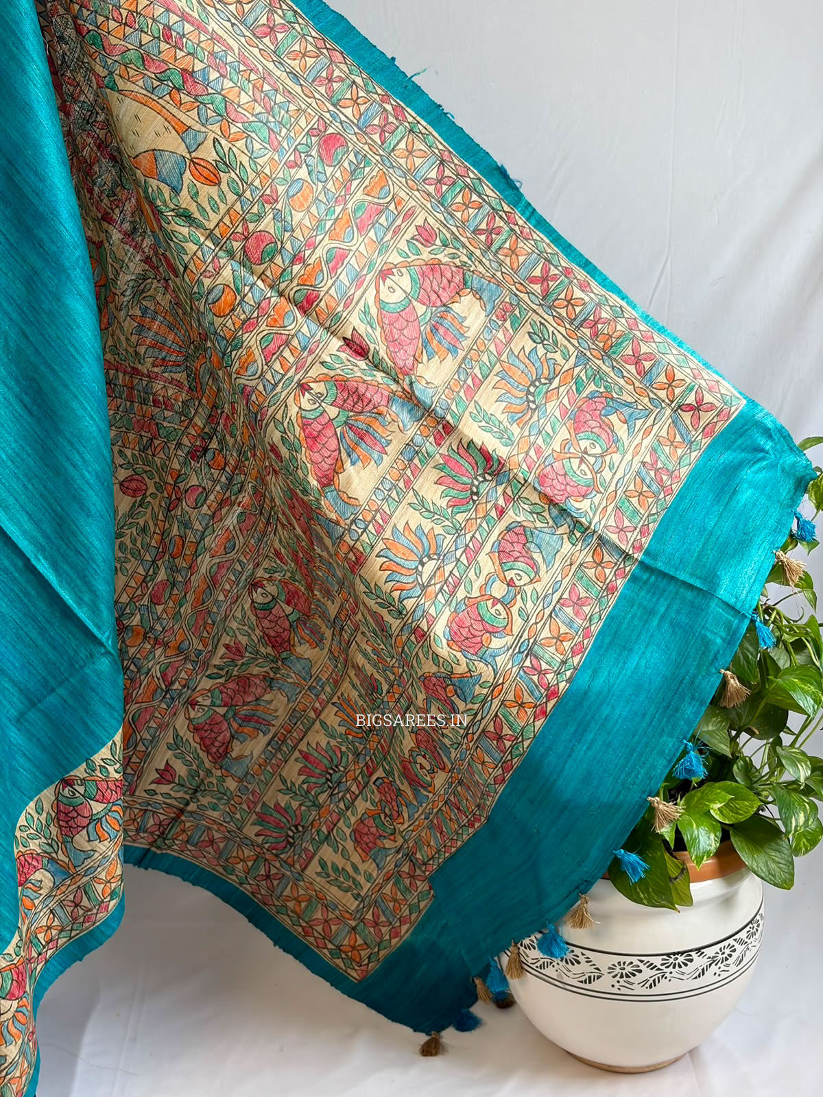 Handcrafted Madhubani Saree | Pure Tussar Ghicha Silk | Silk Mark Certified | Teal