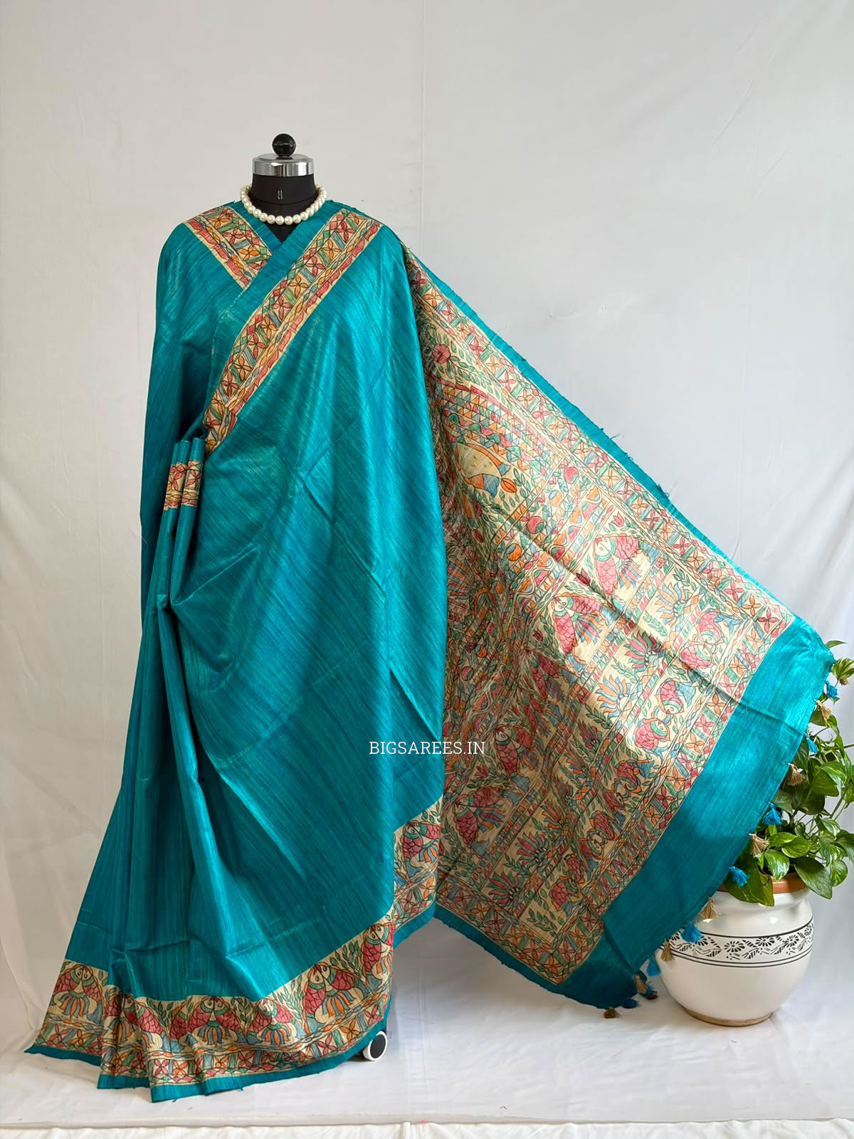 Handcrafted Madhubani Saree | Pure Tussar Ghicha Silk | Silk Mark Certified | Teal