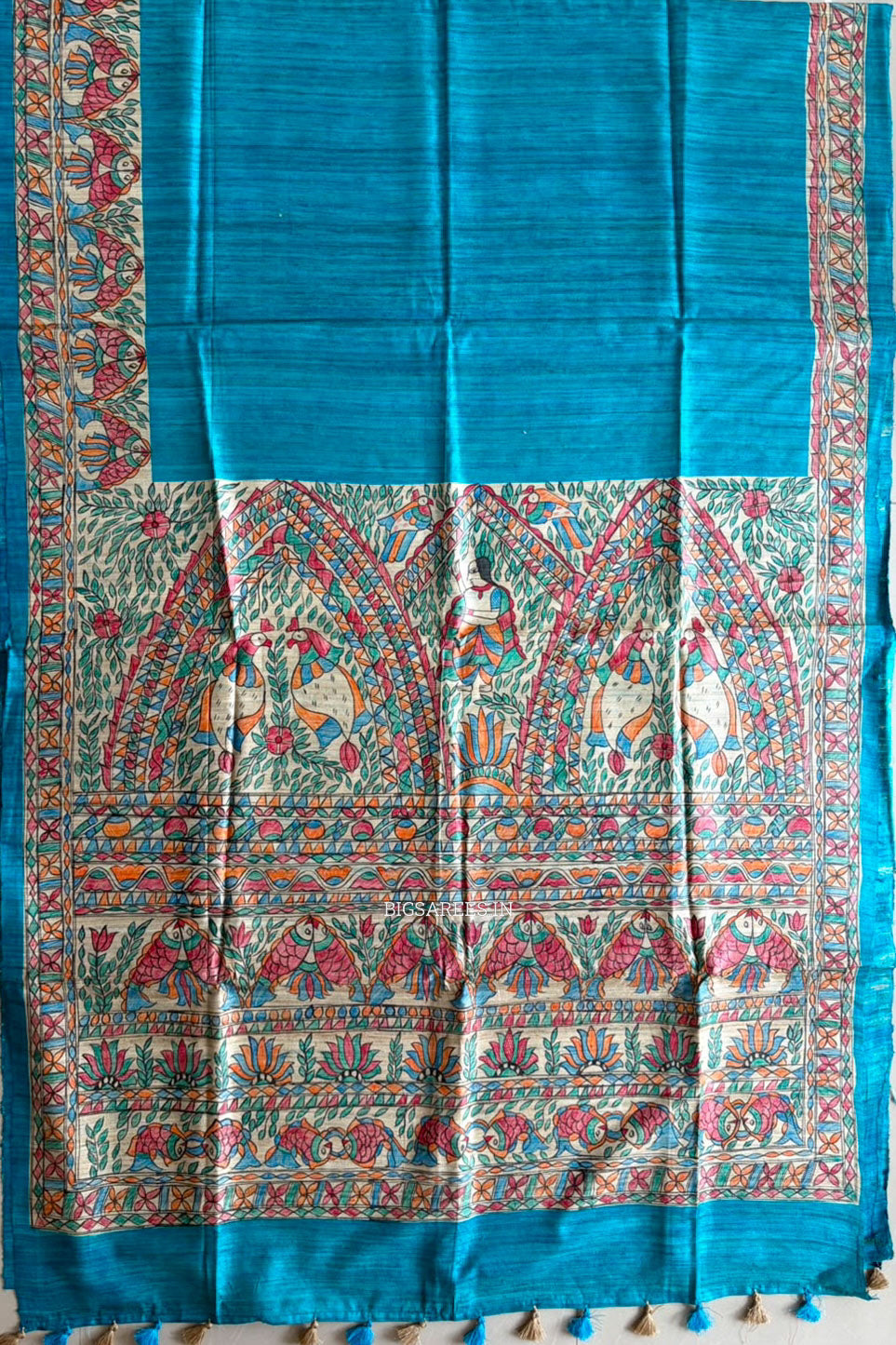 Handcrafted Madhubani Saree | Pure Tussar Ghicha Silk | Silk Mark Certified | Teal
