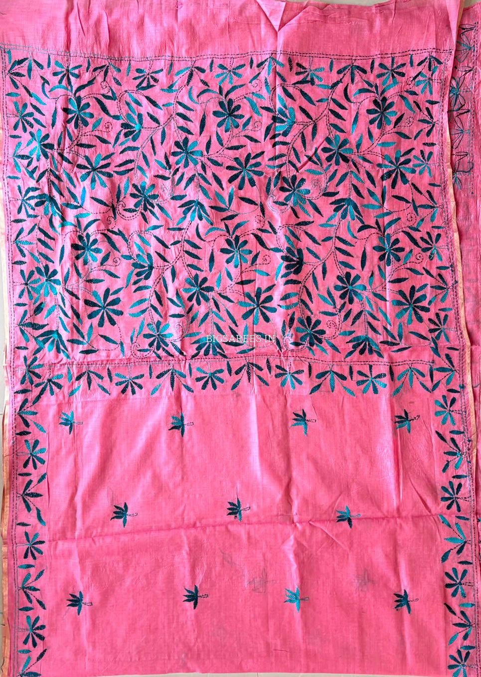 Kantha Stitch Semi Tussar with Blouse | Hand-Embroidered | Pink