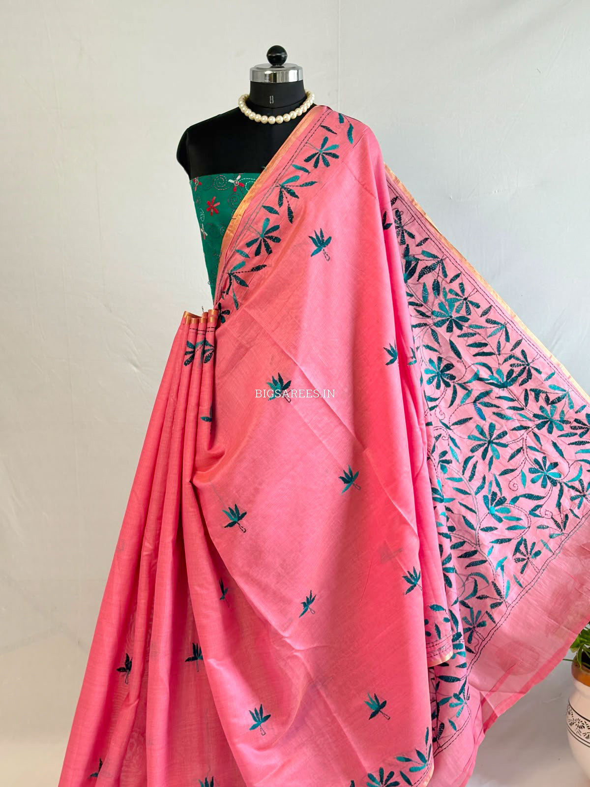 Kantha Stitch Semi Tussar with Blouse | Hand-Embroidered | Pink