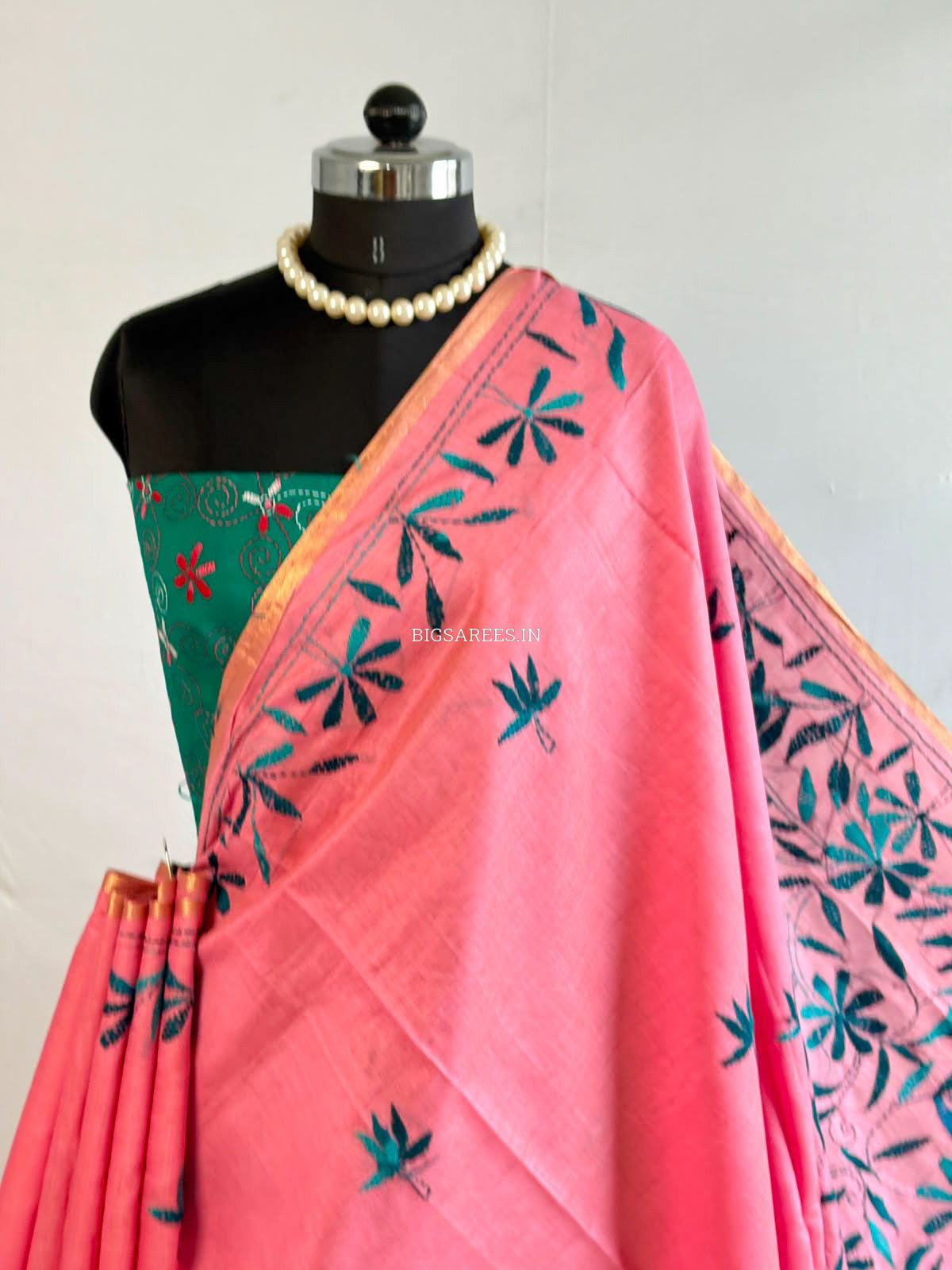 Kantha Stitch Semi Tussar with Blouse | Hand-Embroidered | Pink