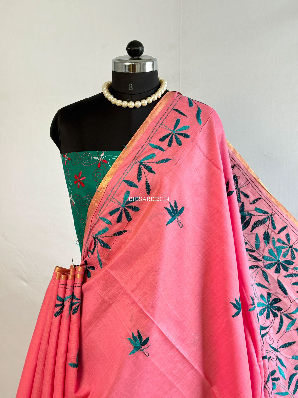 Kantha Stitch Semi Tussar with Blouse | Hand-Embroidered | Pink