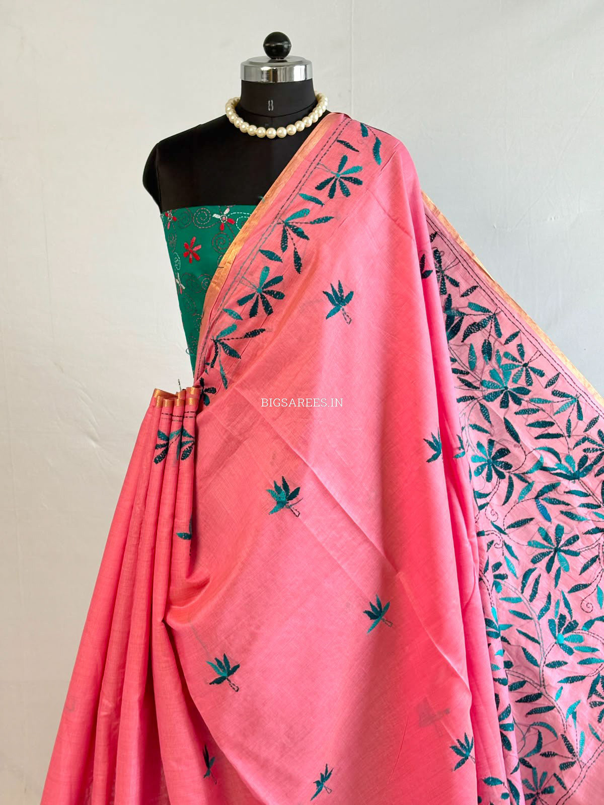 Kantha Stitch Semi Tussar with Blouse | Hand-Embroidered | Pink