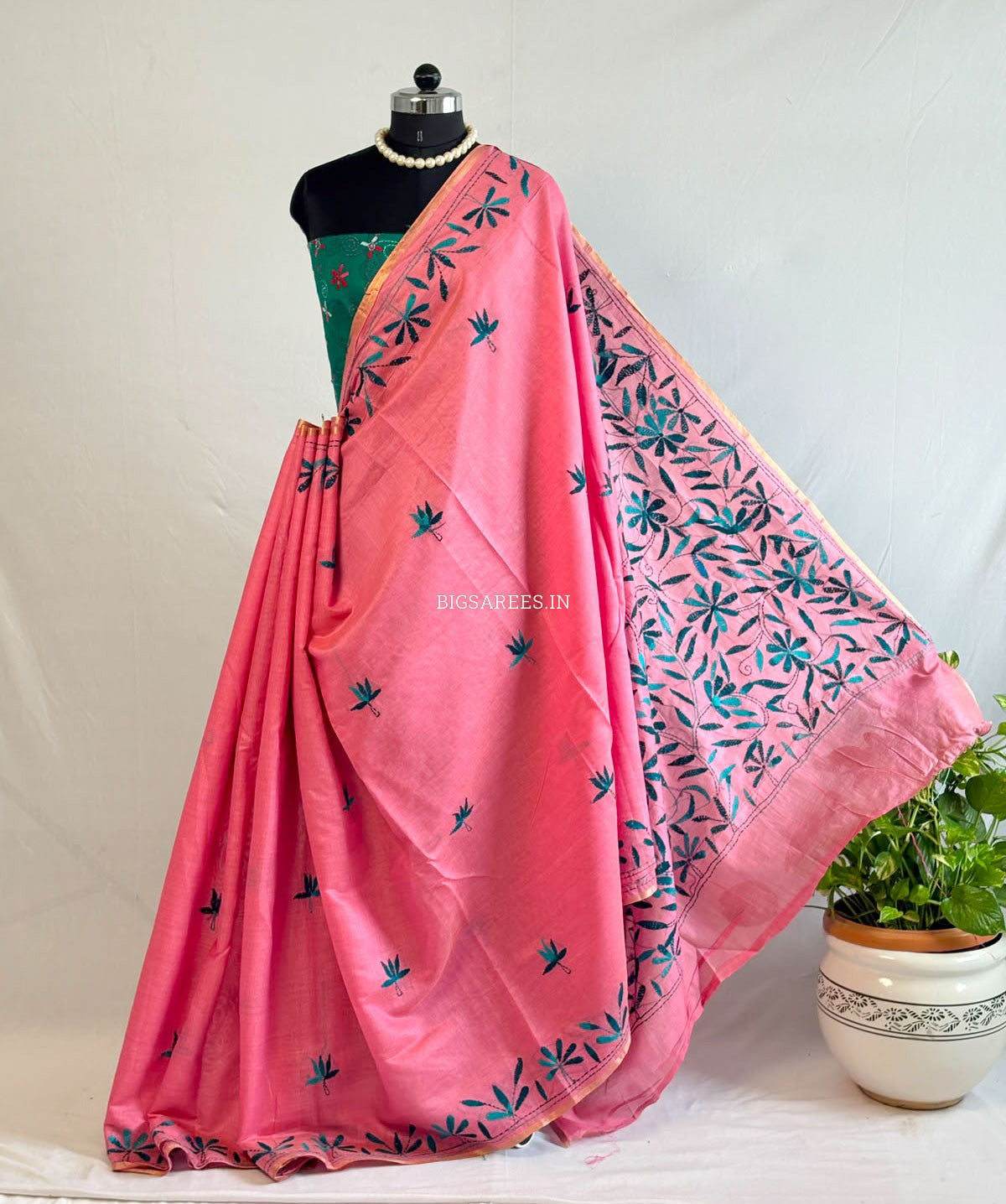 Kantha Stitch Semi Tussar with Blouse | Hand-Embroidered | Pink