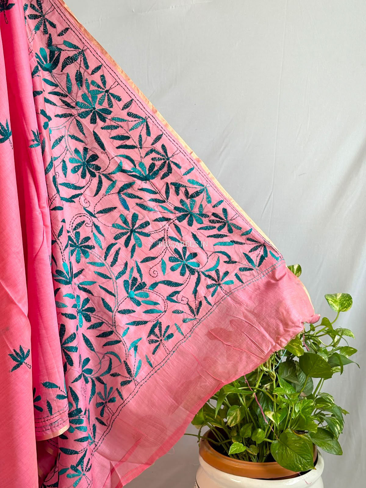 Kantha Stitch Semi Tussar with Blouse | Hand-Embroidered | Pink