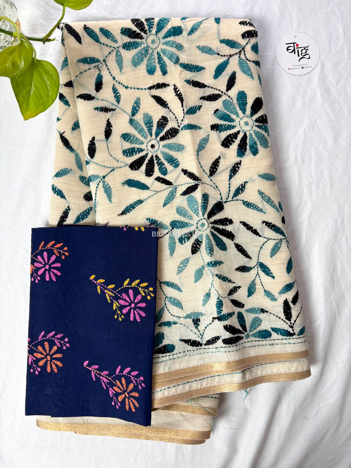 Kantha Stitch Semi Tussar with Blouse | Hand-Embroidered | Off White