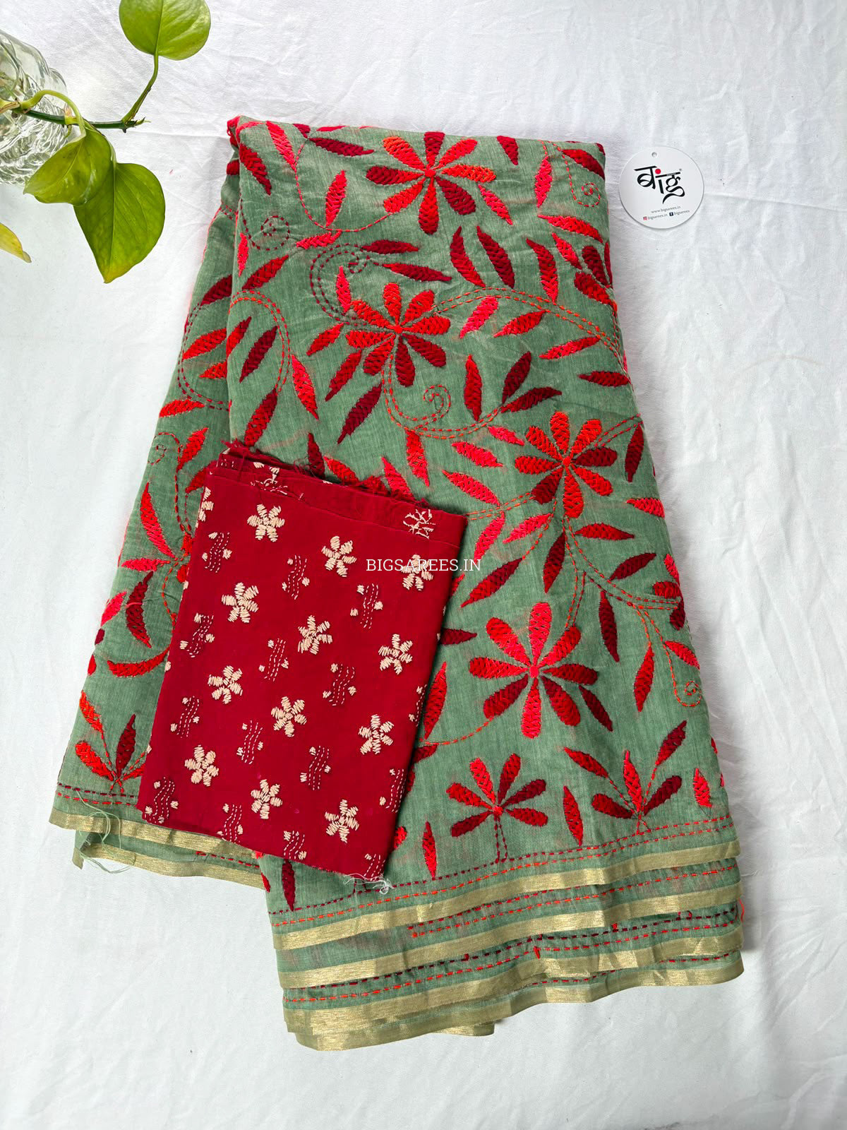 Kantha Stitch Semi Tussar with Blouse | Hand-Embroidered | Dark Sage