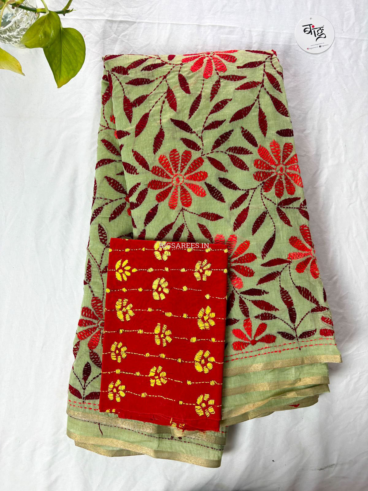 Kantha Stitch Semi Tussar with Blouse | Hand-Embroidered | Sage