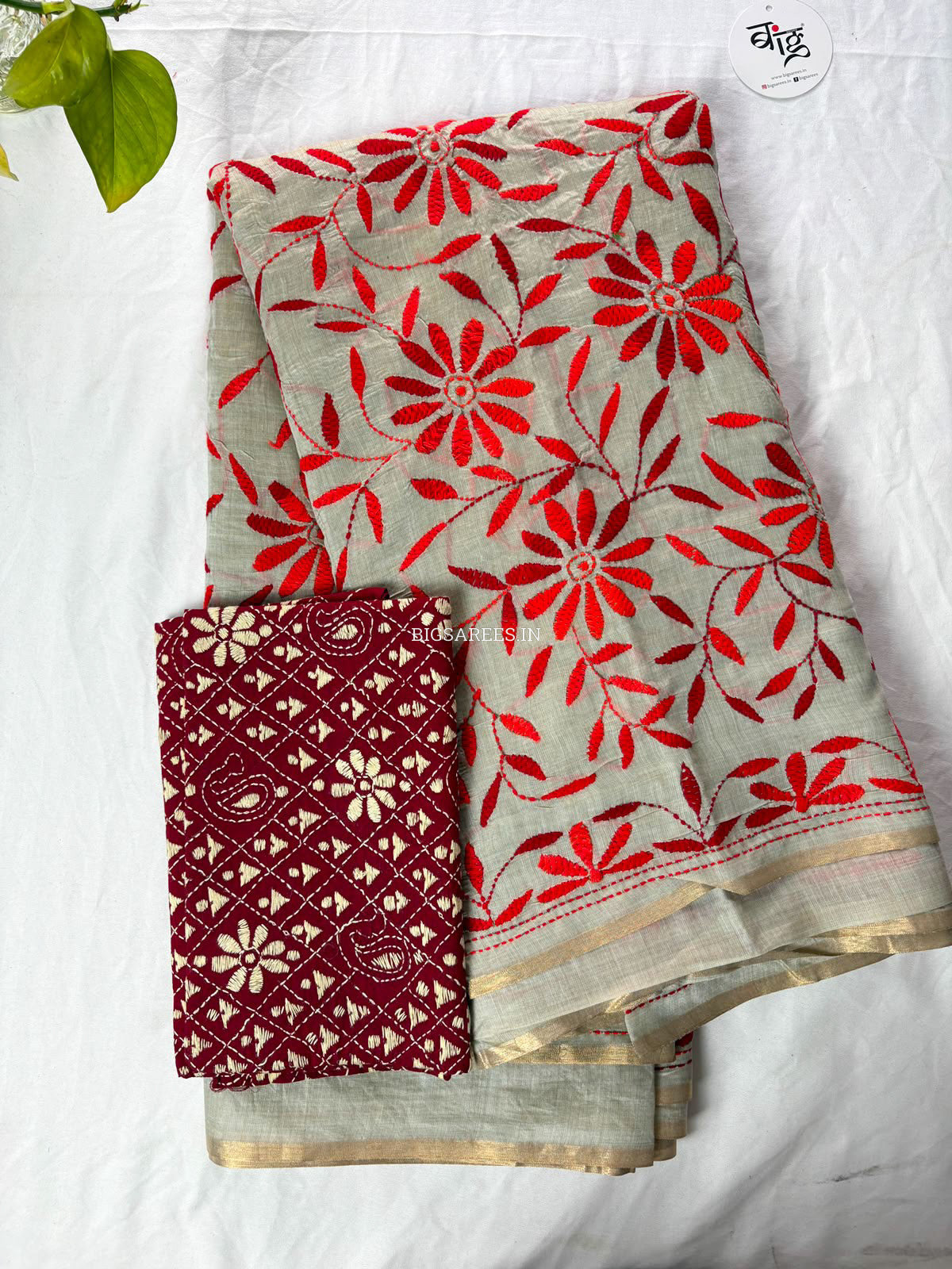 Kantha Stitch Semi Tussar with Blouse | Hand-Embroidered | White Sage