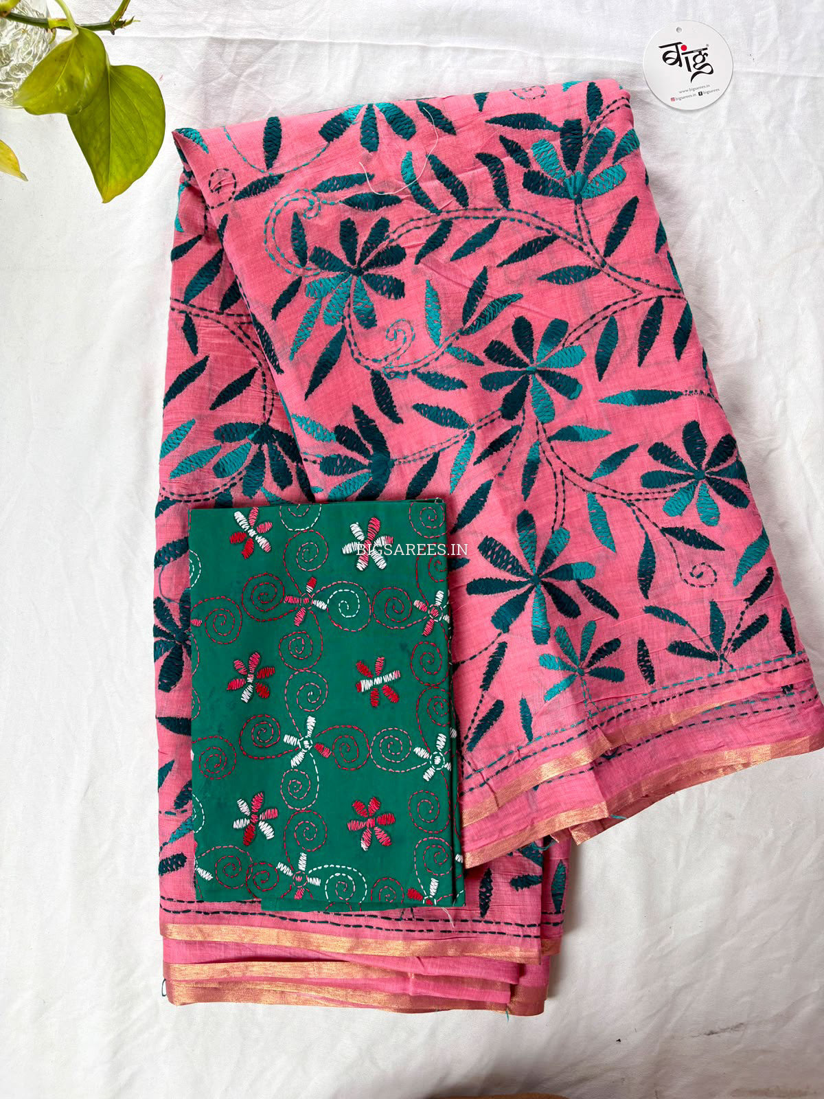 Kantha Stitch Semi Tussar with Blouse | Hand-Embroidered | Pink