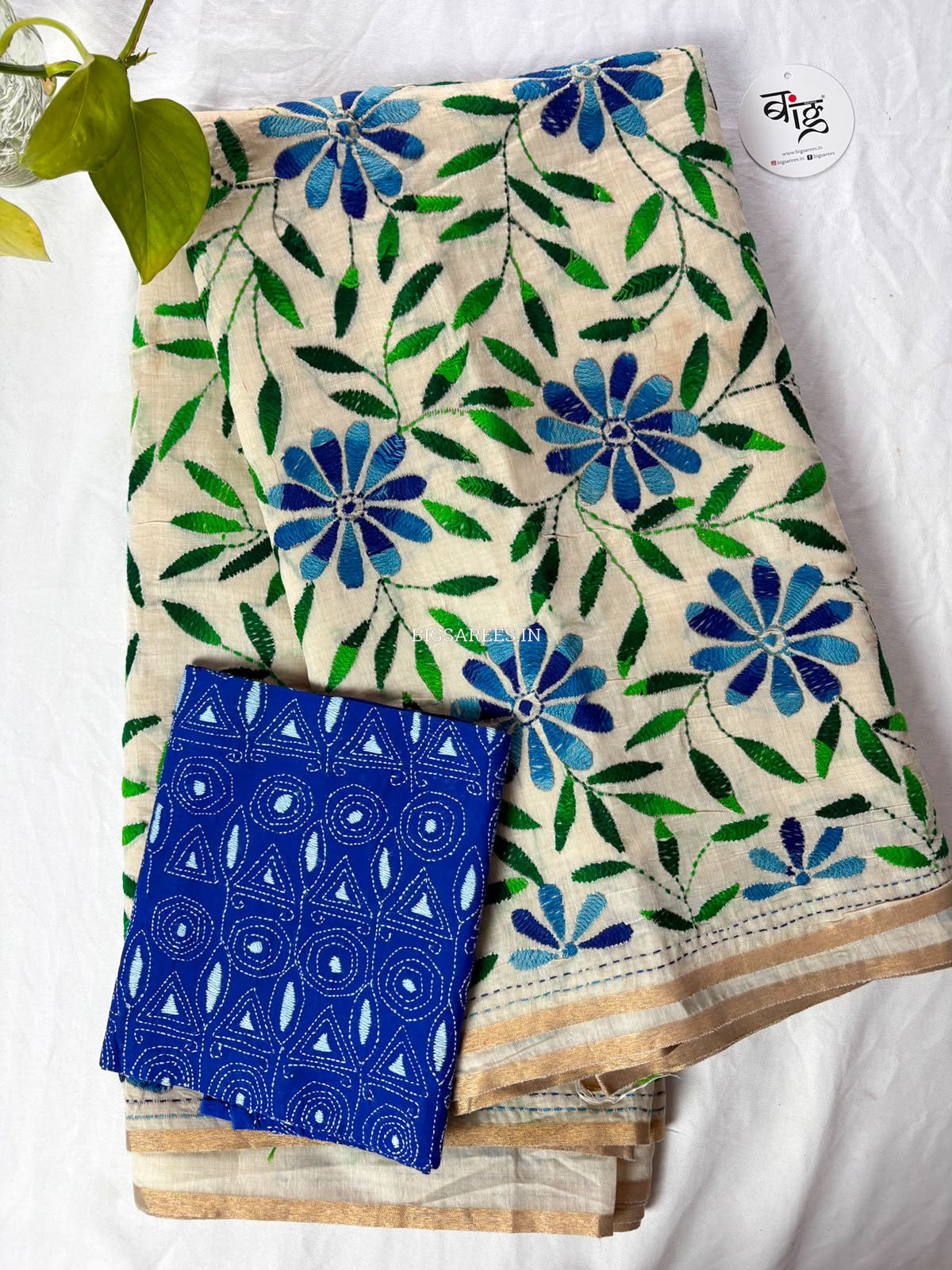 Kantha Stitch Semi Tussar with Blouse | Hand-Embroidered | Off White