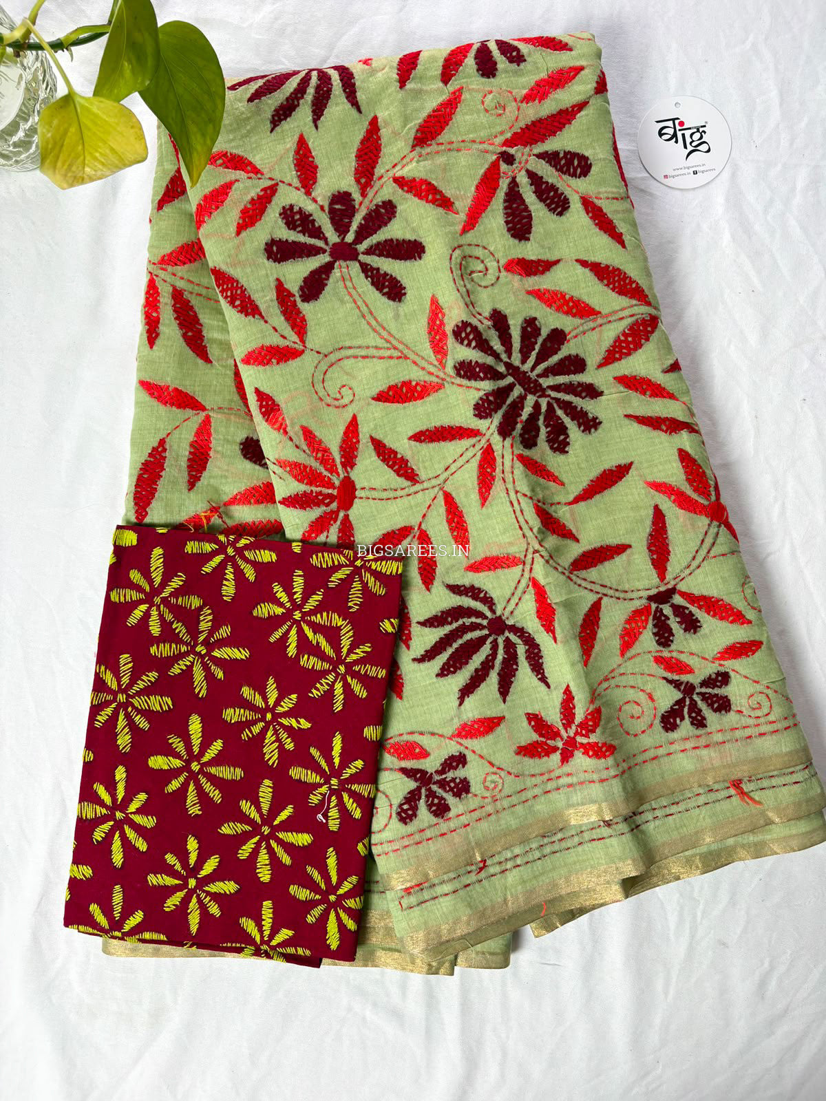 Kantha Stitch Semi Tussar with Blouse | Hand-Embroidered | Dark Sage
