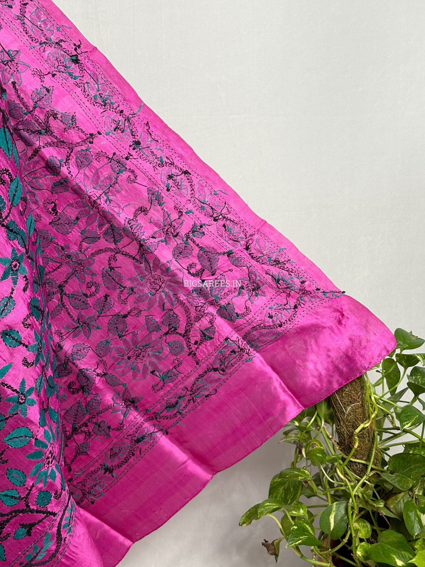 Kantha Hand-Embroidered Dupatta | Pure Tussar Silk | Full Work | Pink