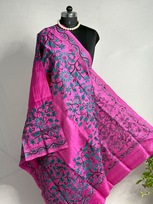Kantha Hand-Embroidered Dupatta | Pure Tussar Silk | Full Work | Pink