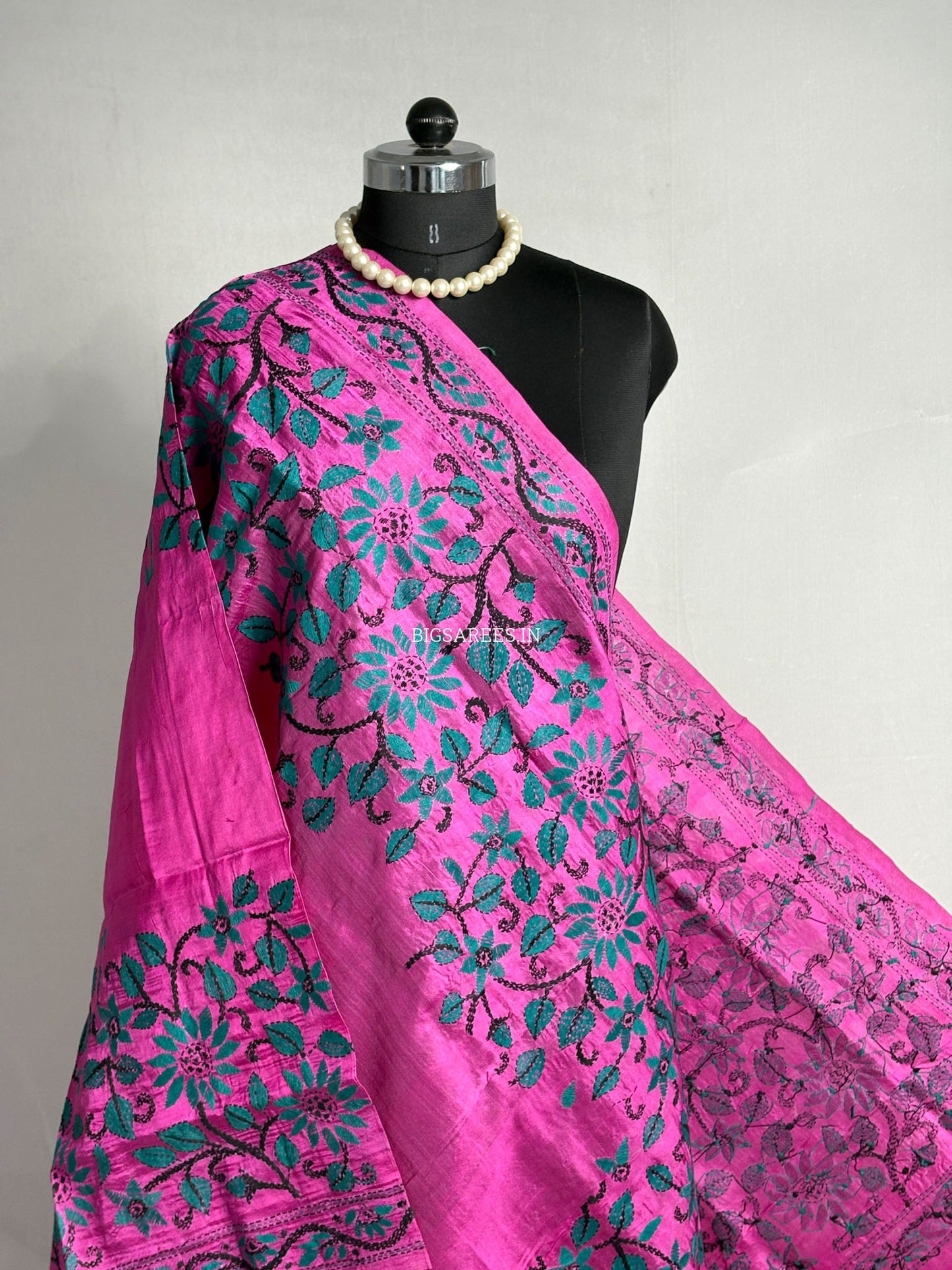 Kantha Hand-Embroidered Dupatta | Pure Tussar Silk | Full Work | Pink