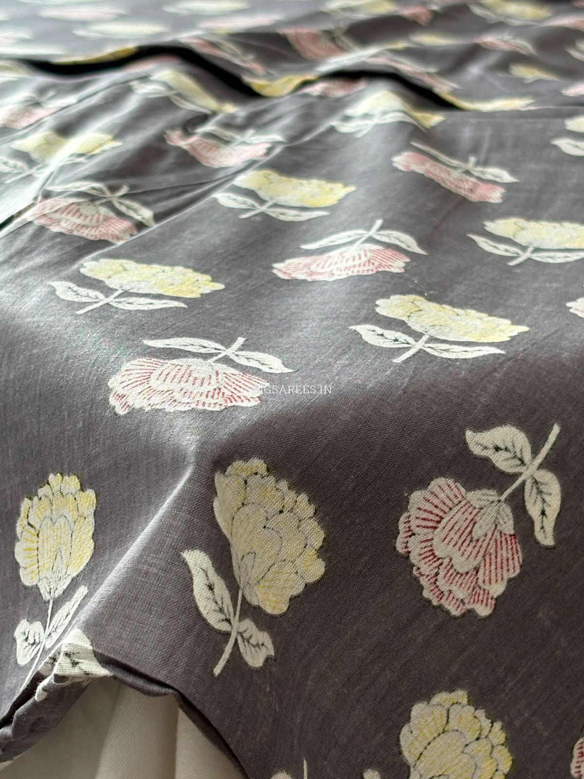 Block Print Design Cotton Fabric | Floral | Gray