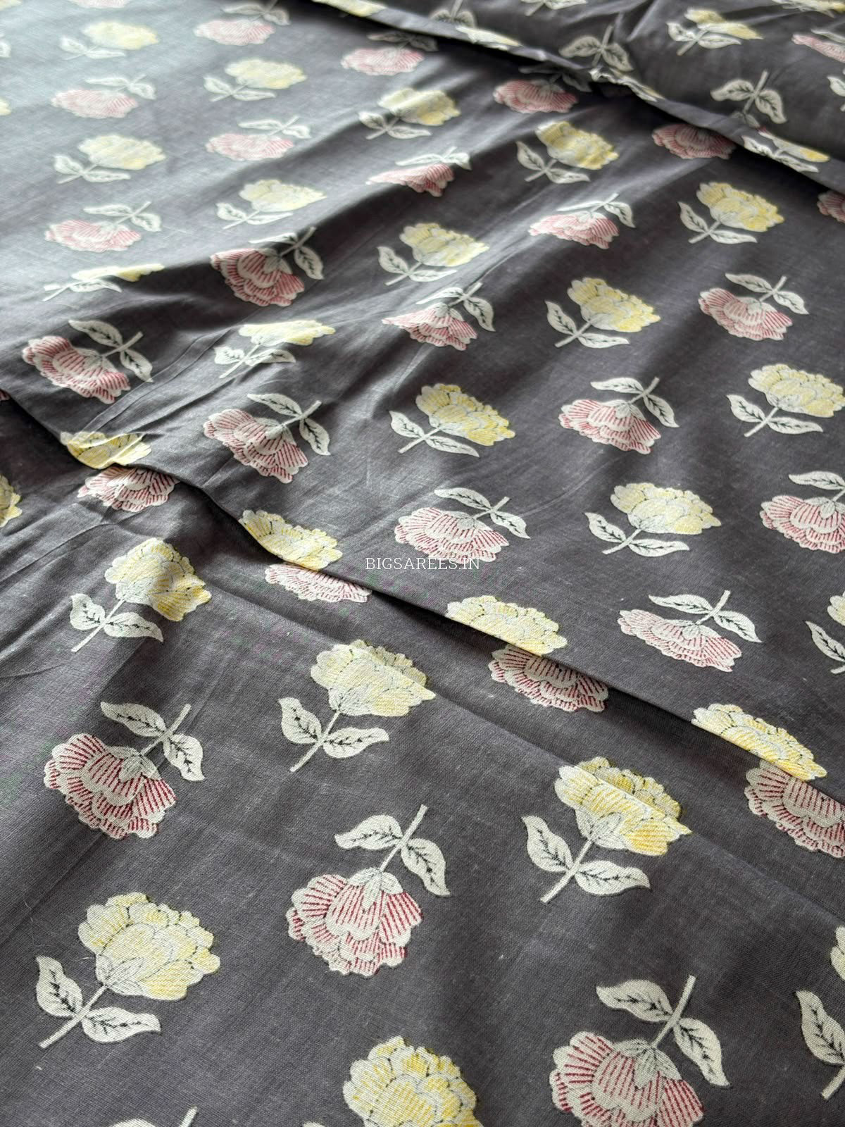 Block Print Design Cotton Fabric | Floral | Gray