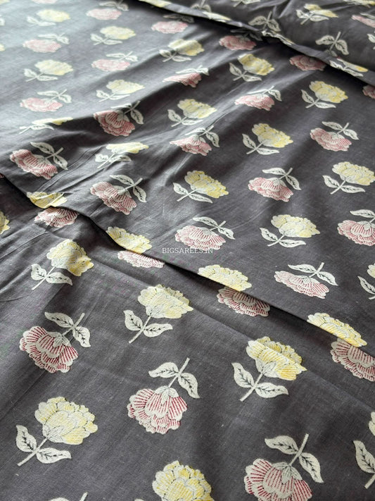 Block Print Design Cotton Fabric | Floral | Gray