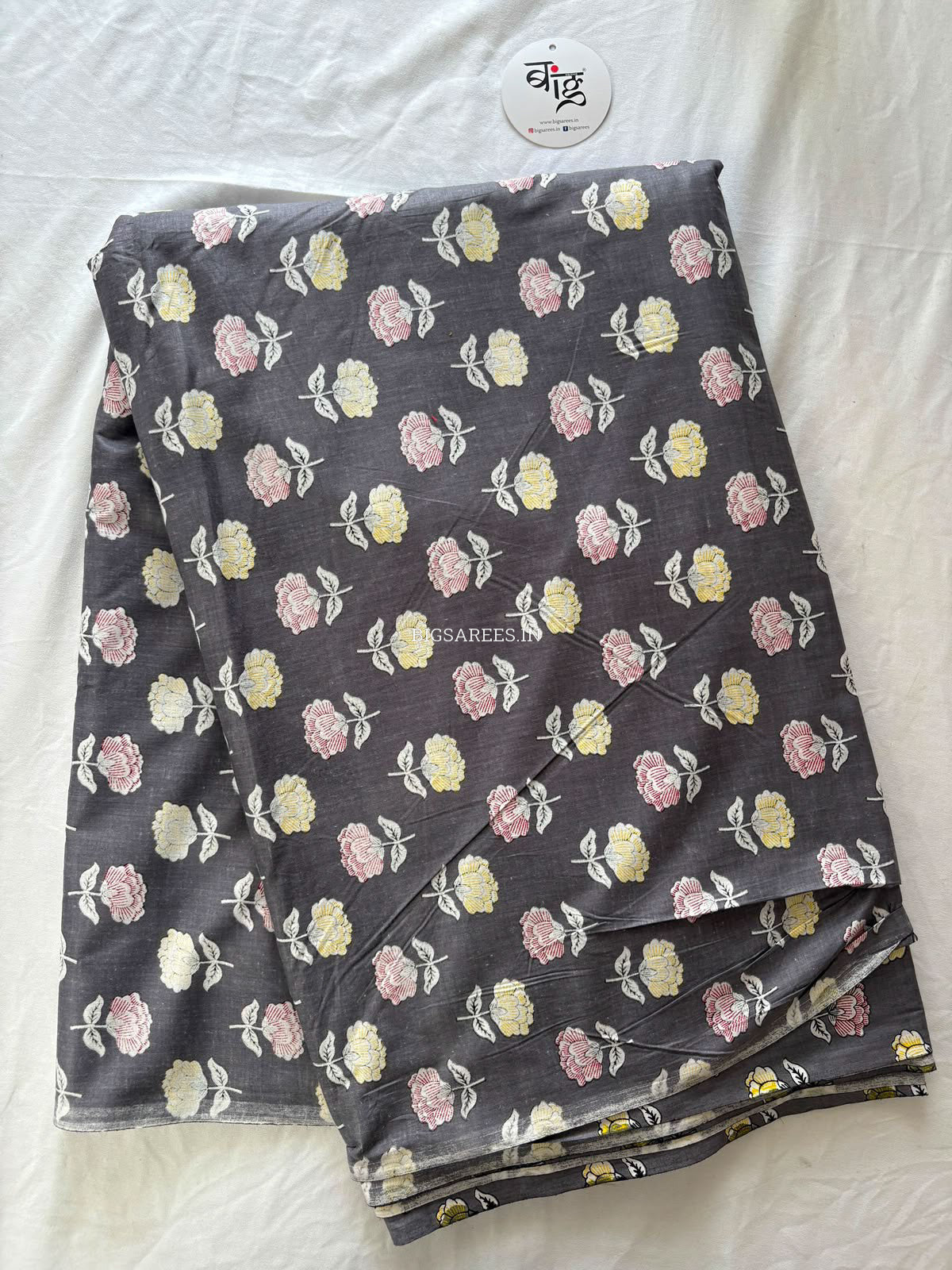 Block Print Design Cotton Fabric | Floral | Gray