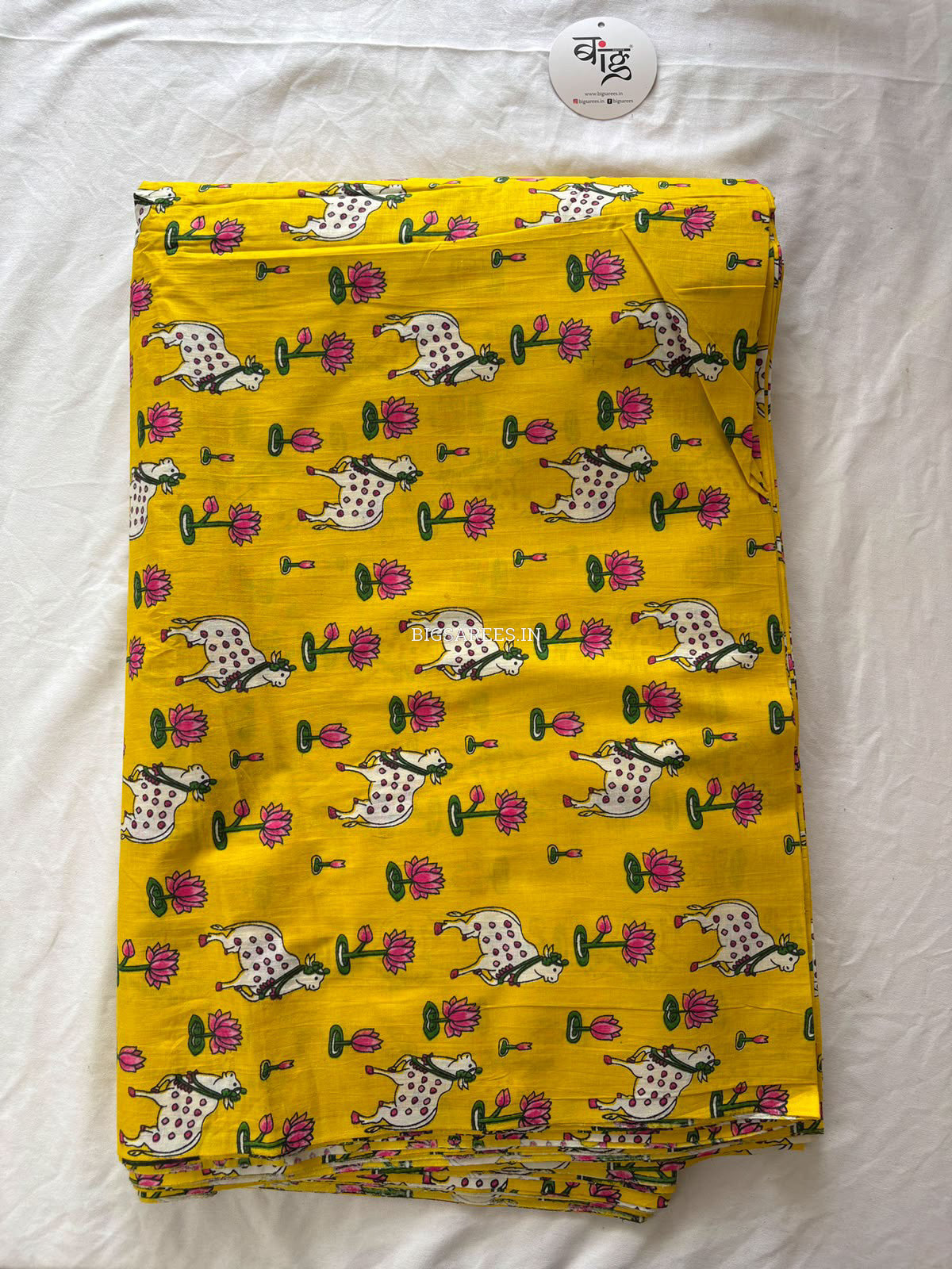 Block Print Design Cotton Fabric | Cow Motif | Yellow