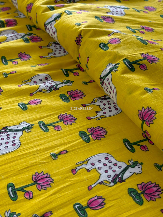 Block Print Design Cotton Fabric | Cow Motif | Yellow
