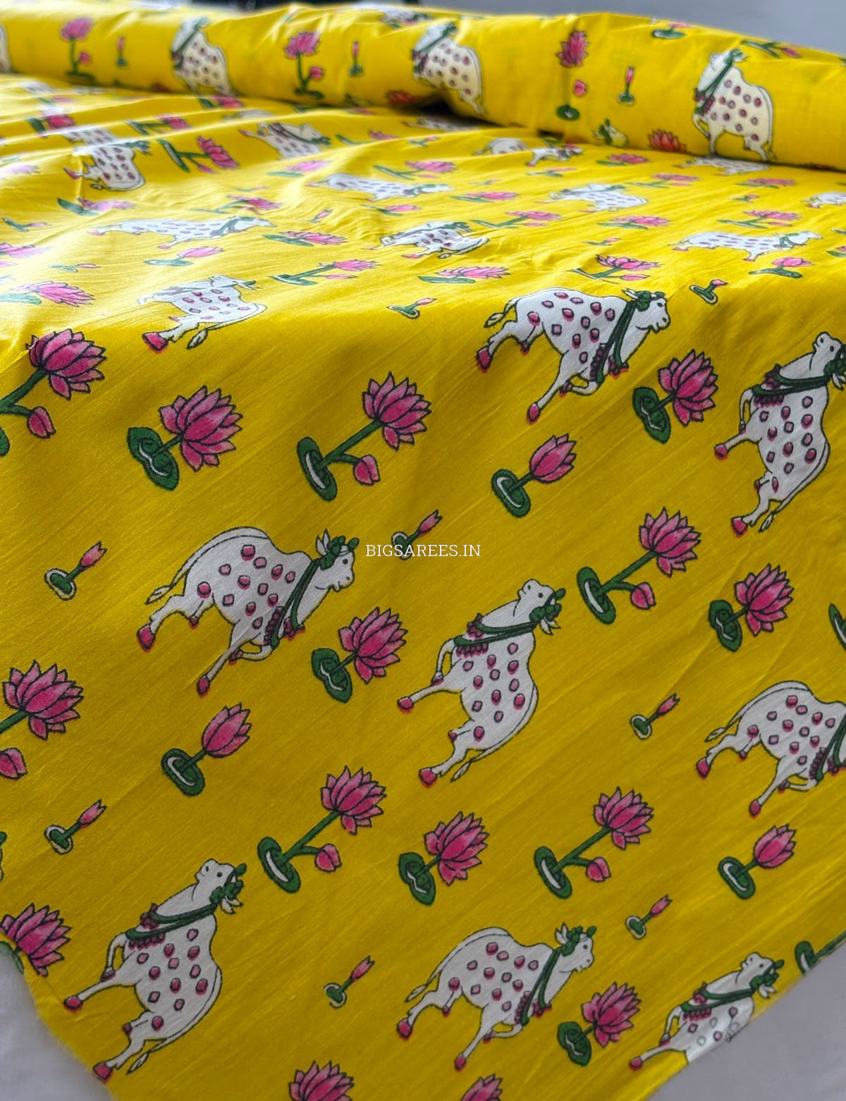 Block Print Design Cotton Fabric | Cow Motif | Yellow