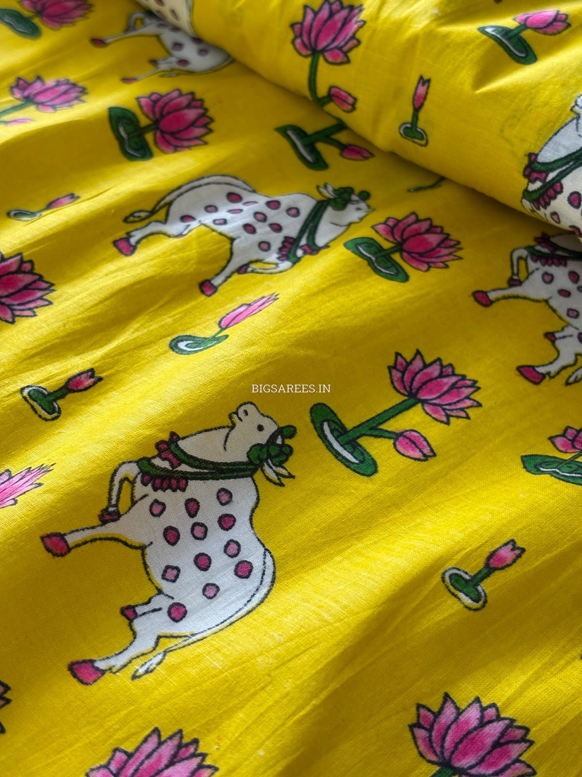 Block Print Design Cotton Fabric | Cow Motif | Yellow
