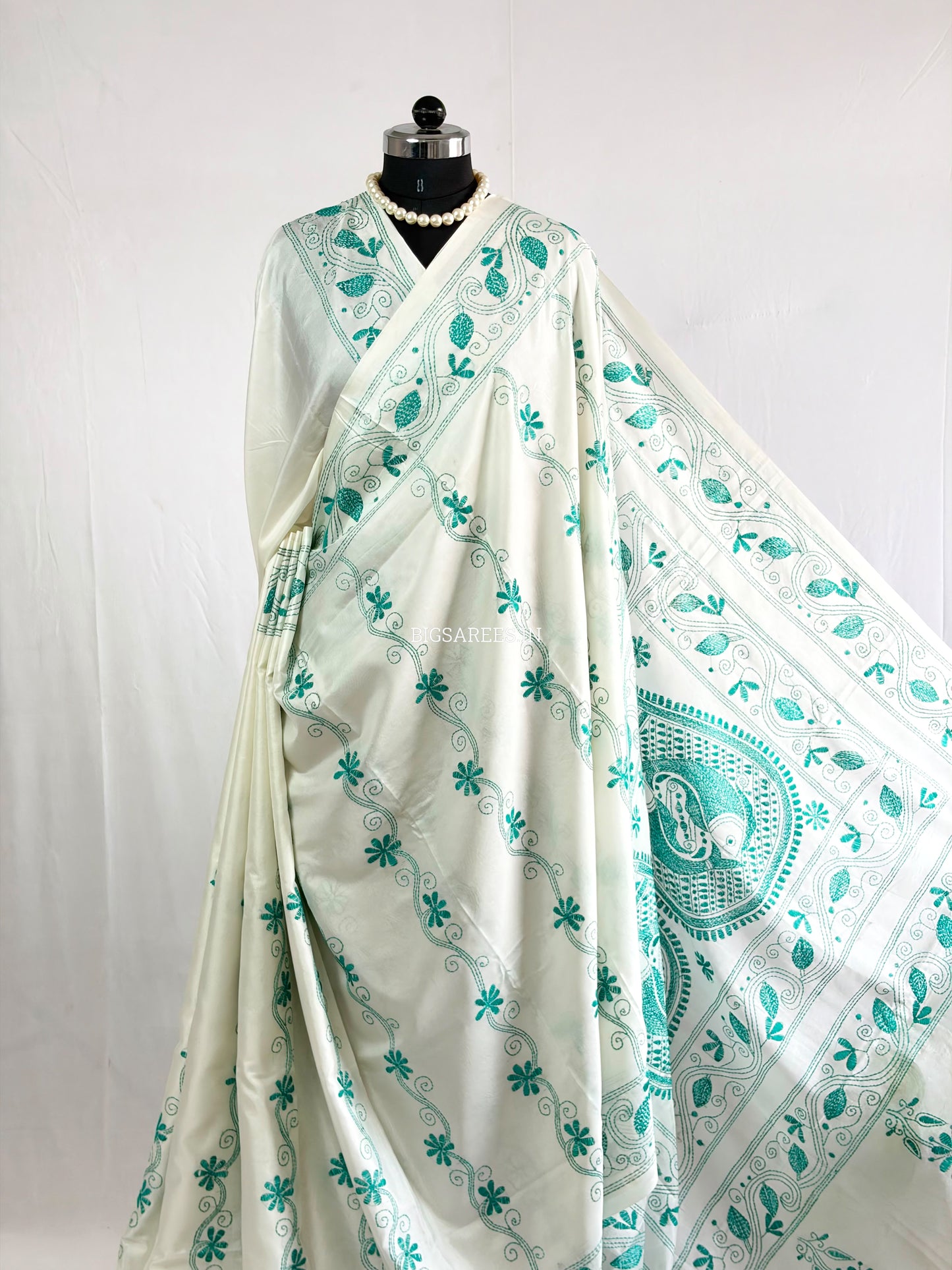 Kantha - Stitch Hand Embroidered Saree | Blended Bangalore Silk / Art Silk | White