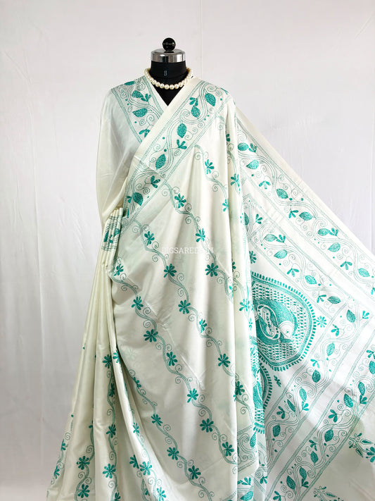 Kantha - Stitch Hand Embroidered Saree | Blended Bangalore Silk / Art Silk | White