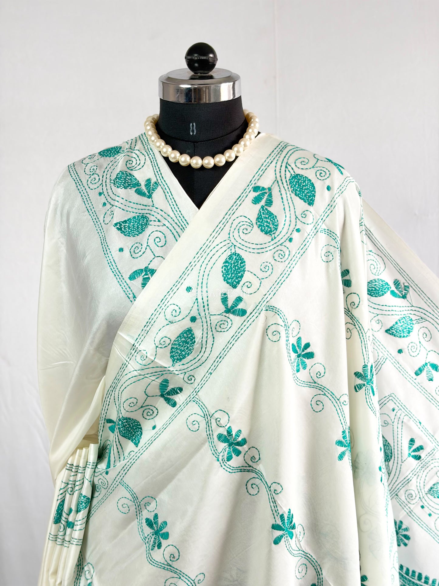 Kantha - Stitch Hand Embroidered Saree | Blended Bangalore Silk / Art Silk | White