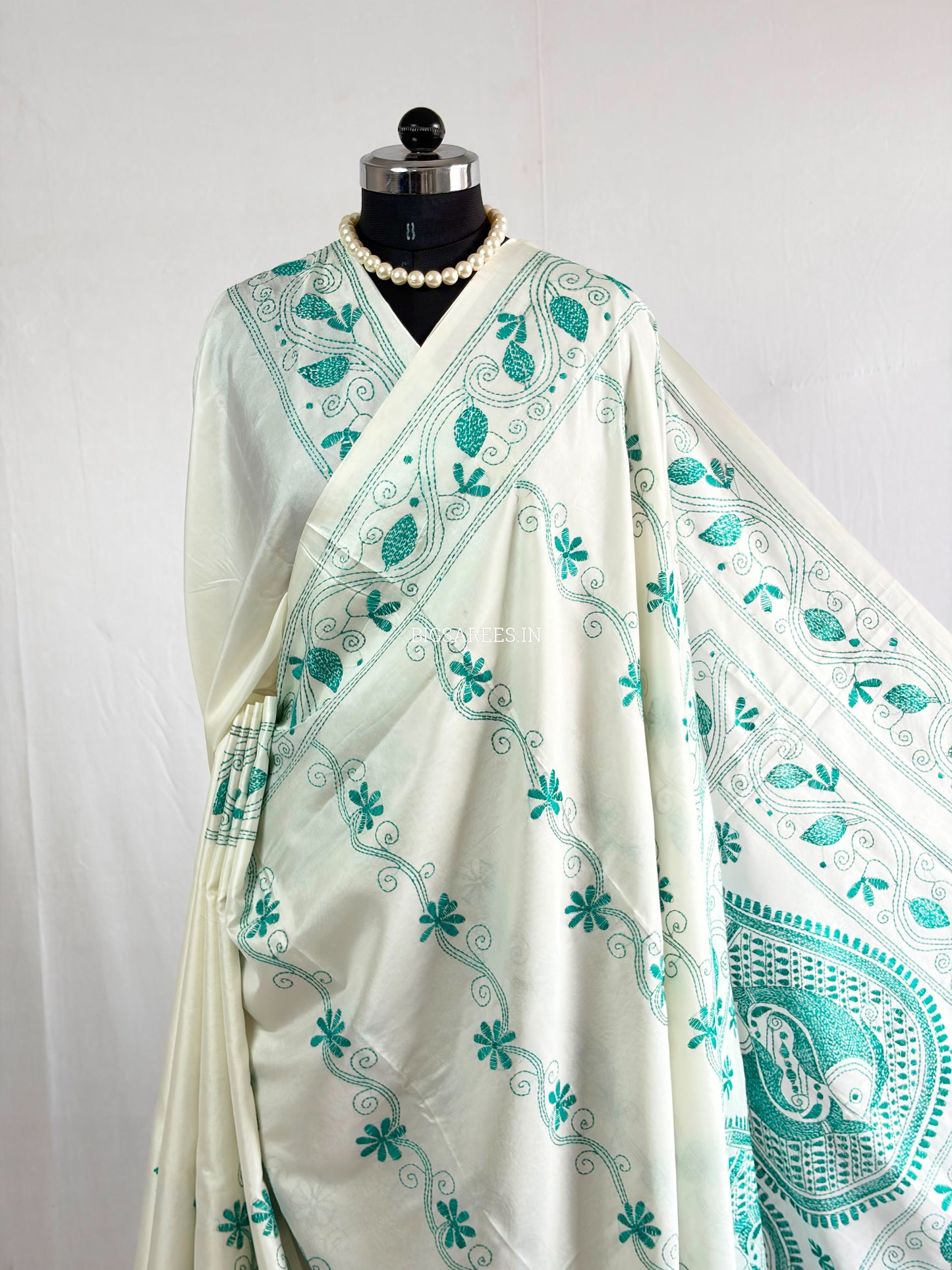 Kantha - Stitch Hand Embroidered Saree | Blended Bangalore Silk / Art Silk | White